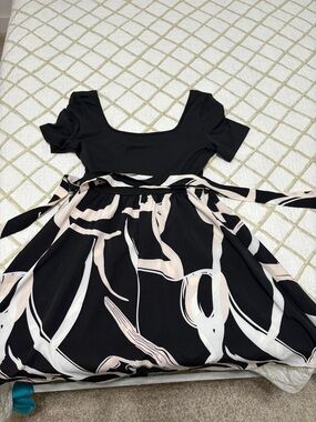 Black Scoop Neck Fit-and-Flare Dress with Abstract Cream and Light Pink Print